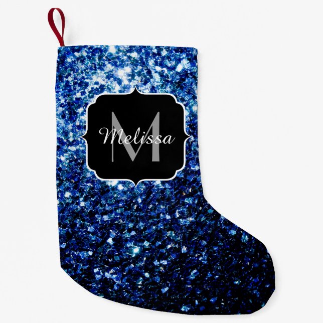 Dark Blue deep shiny faux glitter sparkle Monogram Small Christmas Stocking (Front)