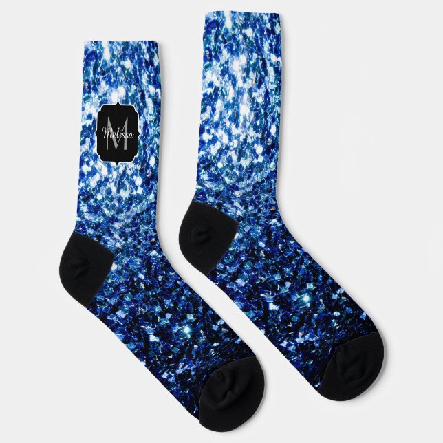 Dark Blue deep shiny faux glitter sparkle Monogram Socks (Right)