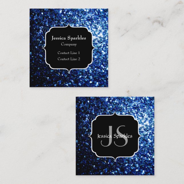 Dark Blue deep shiny faux glitter sparkle Monogram Square Business Card (Front/Back)