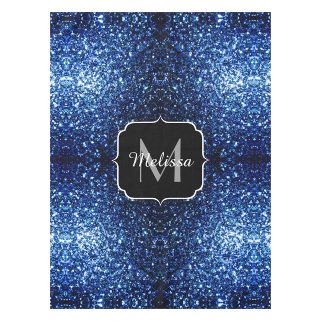 Dark Blue deep shiny faux glitter sparkle Monogram Tablecloth (Front)