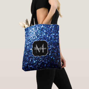Dark Blue deep shiny faux glitter sparkle Monogram Tote Bag