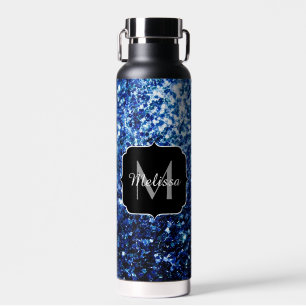 Dark Blue deep shiny faux glitter sparkle Monogram Water Bottle