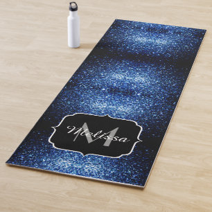 Dark Blue deep shiny faux glitter sparkle Monogram Yoga Mat
