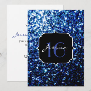 Dark Blue deep shiny faux glitter sparkle Sweet 16 Invitation