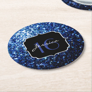 Dark Blue deep shiny faux glitter sparkle Sweet 16 Round Paper Coaster