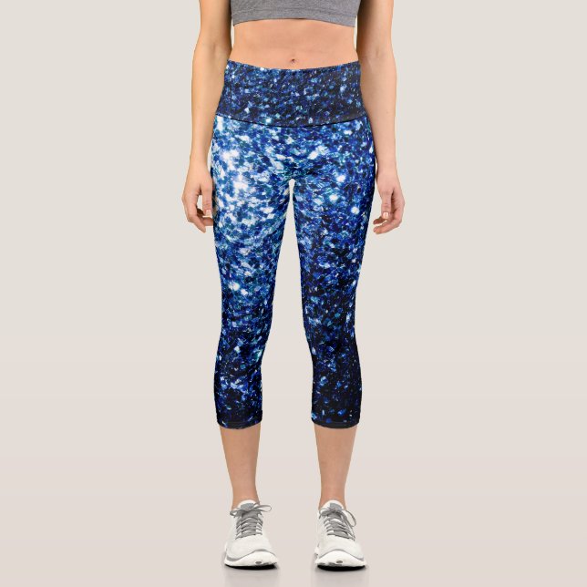 Dark Blue deep shiny faux glitter sparkles Capri Leggings (Front)