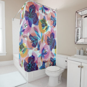 Dark-blue delicate flowers collage shower curtain