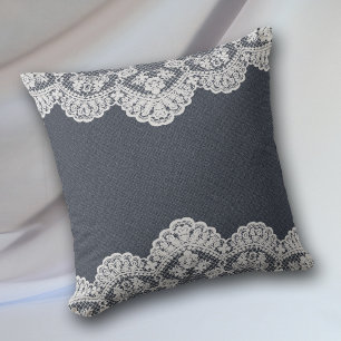 Dark Blue Denim and Lace Cushion