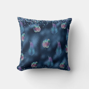 Dark Blue Design with Turquoise & Pink Leaves Cushion