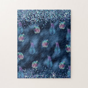 Dark Blue Design with Turquoise & Pink Leaves Jigsaw Puzzle