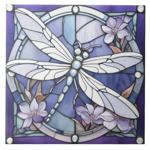 Dark Blue Dragonfly Stained Glass Flower Ceramic Tile