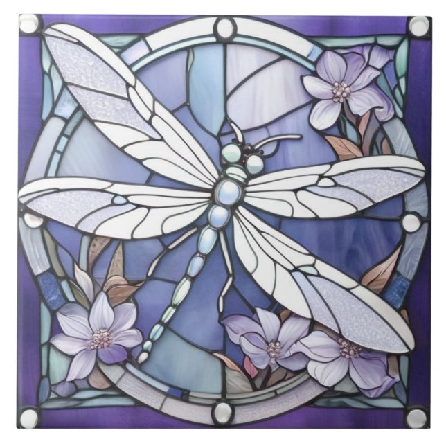 Dark Blue Dragonfly Stained Glass Flower Ceramic Tile (Front)