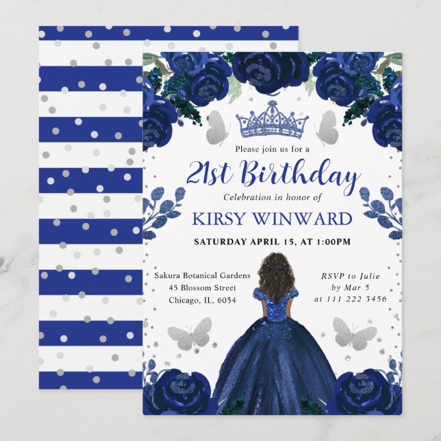 Dark Blue Dress Dark Skin Princess Birthday Invitation (Front/Back)