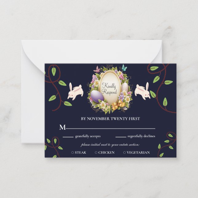Dark Blue Easter Vibe Forest Bunny RSVP Card (Front)