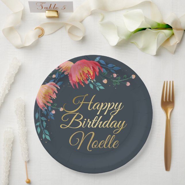 Dark Blue, Elegant, Whimsical Flowers, Gold Accent Paper Plate (Wedding)