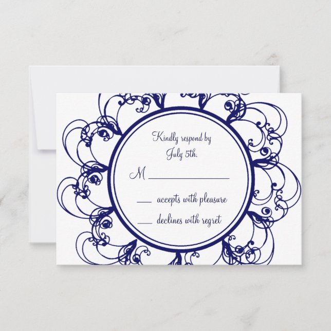 Dark Blue Fancy Monogram RSVP Card (Front)