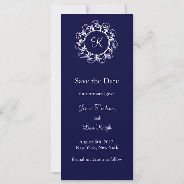 Dark Blue Fancy Monogram Save the Date (Front)