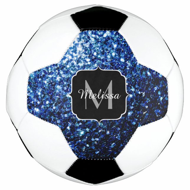 Dark blue faux glitter sparkle Monogram name Soccer Ball (Front)