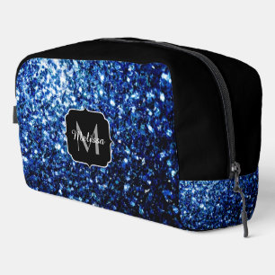 Dark blue faux glitter sparkles black Monogram Dopp Kit