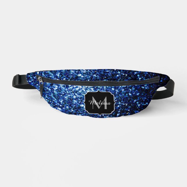 Dark blue faux glitter sparkles Monogram Bum Bags (Front)