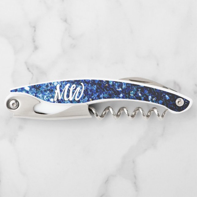 Dark blue faux glitter sparkles Monogram Corkscrew (Front)