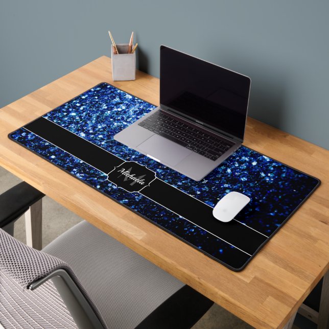 Dark blue faux glitter sparkles Monogram Desk Mat (Office 2)