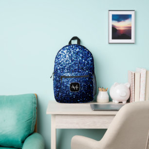 Dark blue faux glitter sparkles Monogram Printed Backpack