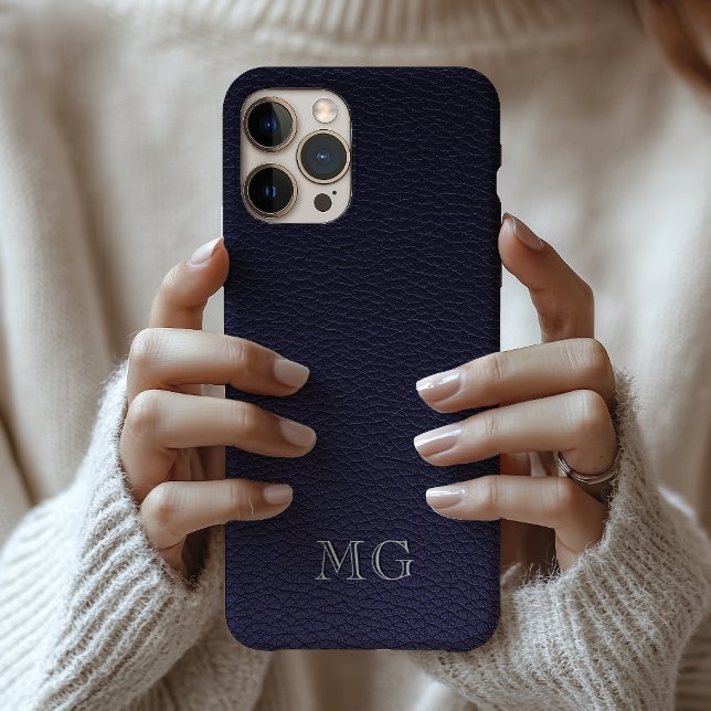 Dark Blue Faux Leather White Monogrammed Initials Case-Mate iPhone Case (Creator Uploaded)