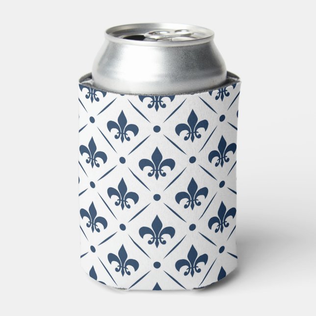 Dark blue Fleur De Lis pattern on white background Can Cooler (Can Front)