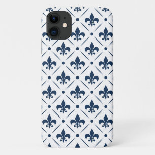 Dark blue Fleur De Lis pattern on white background iPhone 11 Case