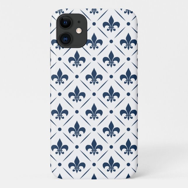 Dark blue Fleur De Lis pattern on white background Case-Mate iPhone Case (Back)