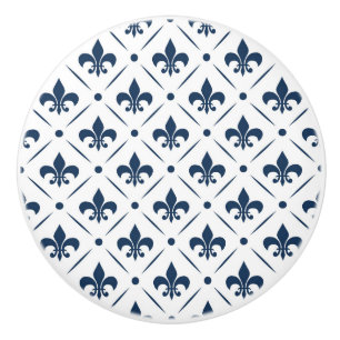 Dark blue Fleur De Lis pattern on white background Ceramic Knob