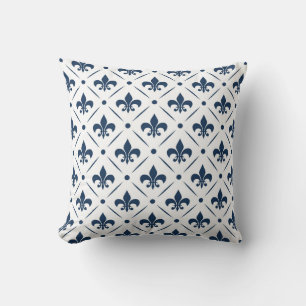 Dark blue Fleur De Lis pattern on white background Cushion