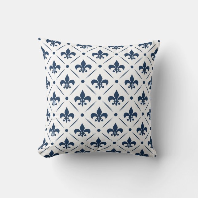 Dark blue Fleur De Lis pattern on white background Cushion (Front)