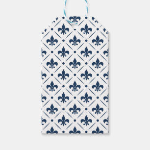 Dark blue Fleur De Lis pattern on white background Gift Tags
