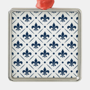 Dark blue Fleur De Lis pattern on white background Metal Ornament