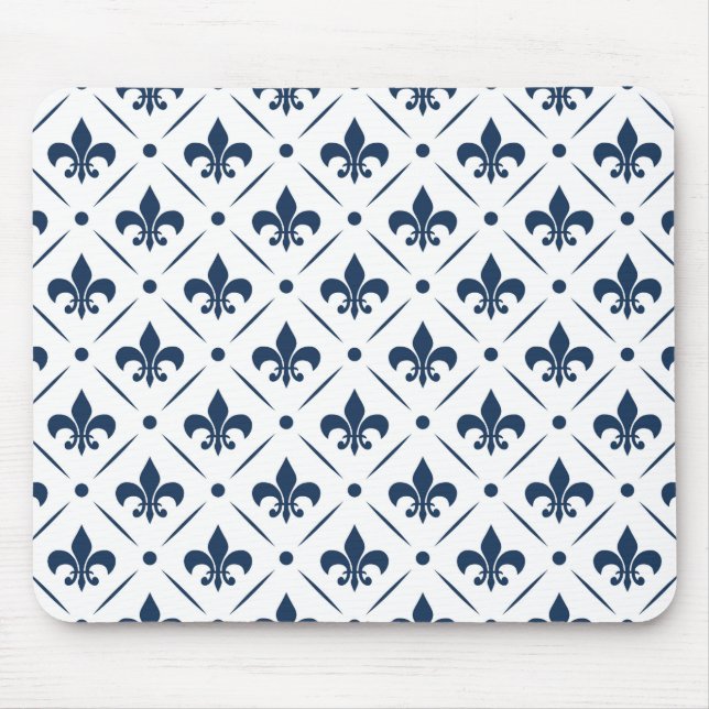 Dark blue Fleur De Lis pattern on white background Mouse Pad (Front)
