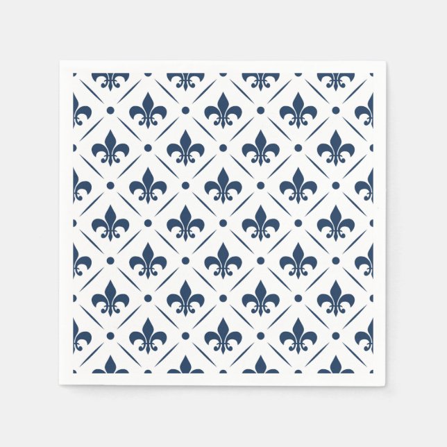 Dark blue Fleur De Lis pattern on white background Napkin (Front)