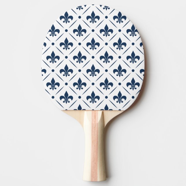 Dark blue Fleur De Lis pattern on white background Ping Pong Paddle (Front)