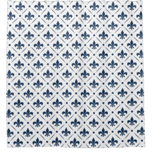 Dark blue Fleur De Lis pattern on white background Shower Curtain