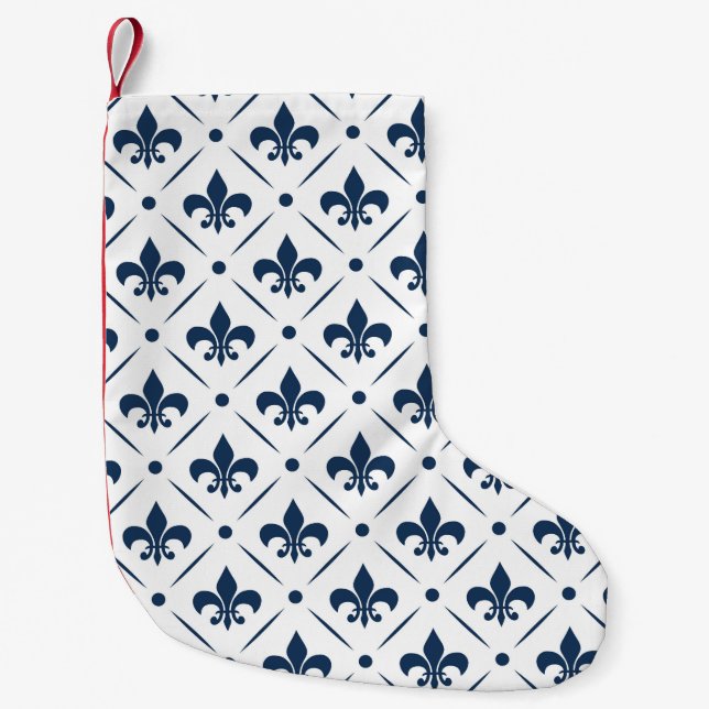 Dark blue Fleur De Lis pattern on white background Small Christmas Stocking (Front)