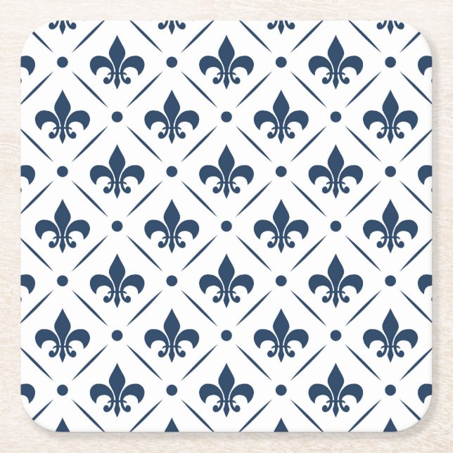 Dark blue Fleur De Lis pattern on white background Square Paper Coaster (Front)