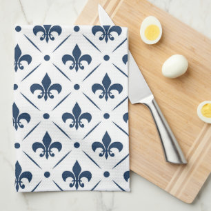 Dark blue Fleur De Lis pattern on white background Tea Towel