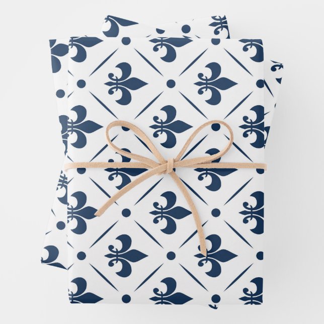 Dark blue Fleur De Lis pattern on white background Wrapping Paper Sheet (In situ)