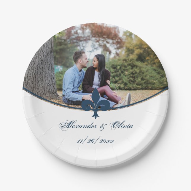 Dark Blue Fleur de Lis Photo Wedding Paper Plate (Front)