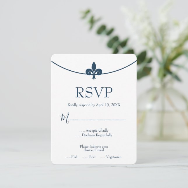 Dark Blue Fleur de Lis Wedding RSVP Card (Standing Front)