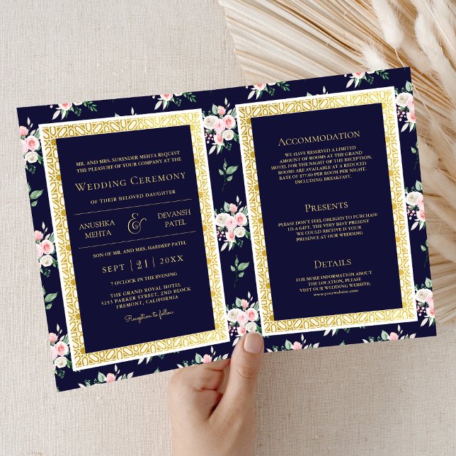 Dark Blue Floral All in One Gold Indian Wedding Invitation (Creator Uploaded)