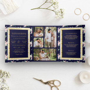 Dark Blue Floral All in One Gold Indian Wedding Tri-Fold Invitation