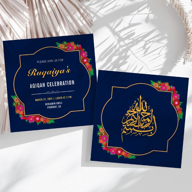 Dark Blue Floral Baby Girl Aqiqah Invitation (Creator Uploaded)