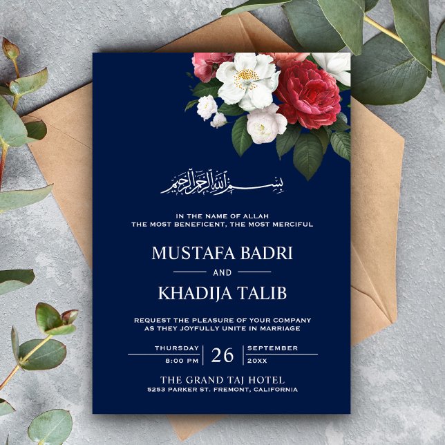 Dark Blue Floral Bouquet Islamic Muslim Wedding Invitation (Creator Uploaded)
